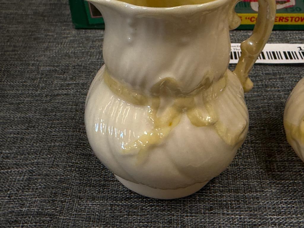 BELLEEK FINE PARIAN CHINA MATCHING CREAMER AND SUGAR RIBBON AND BOW BLACK LABEL - 3