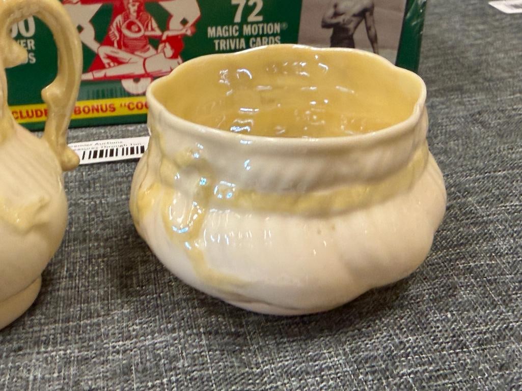 BELLEEK FINE PARIAN CHINA MATCHING CREAMER AND SUGAR RIBBON AND BOW BLACK LABEL - 4