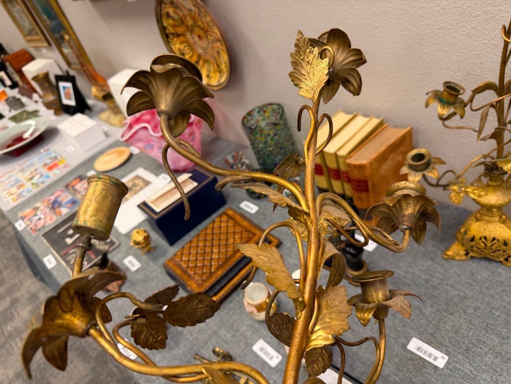PAIR OF ITALIAN GILT METAL TOLE CANDELABRAS WITH ORNATE LEAF AND FLORAL CANDLE CUPS - 10