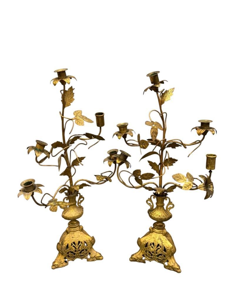 PAIR OF ITALIAN GILT METAL TOLE CANDELABRAS WITH ORNATE LEAF AND FLORAL CANDLE CUPS (1 of 10)