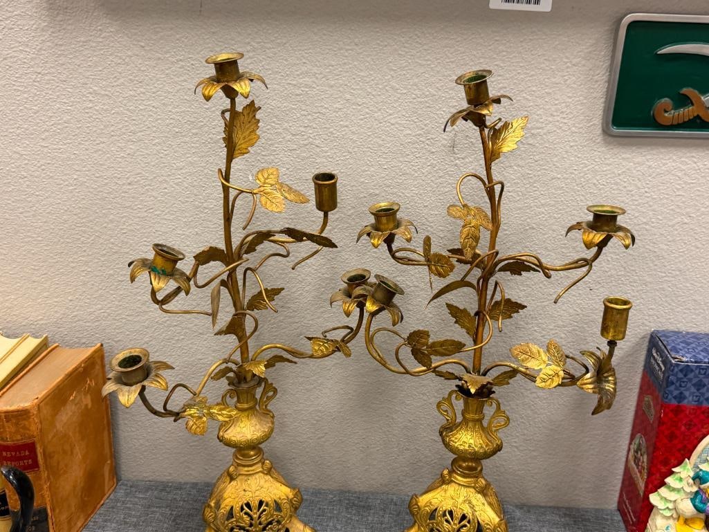 PAIR OF ITALIAN GILT METAL TOLE CANDELABRAS WITH ORNATE LEAF AND FLORAL CANDLE CUPS - 2