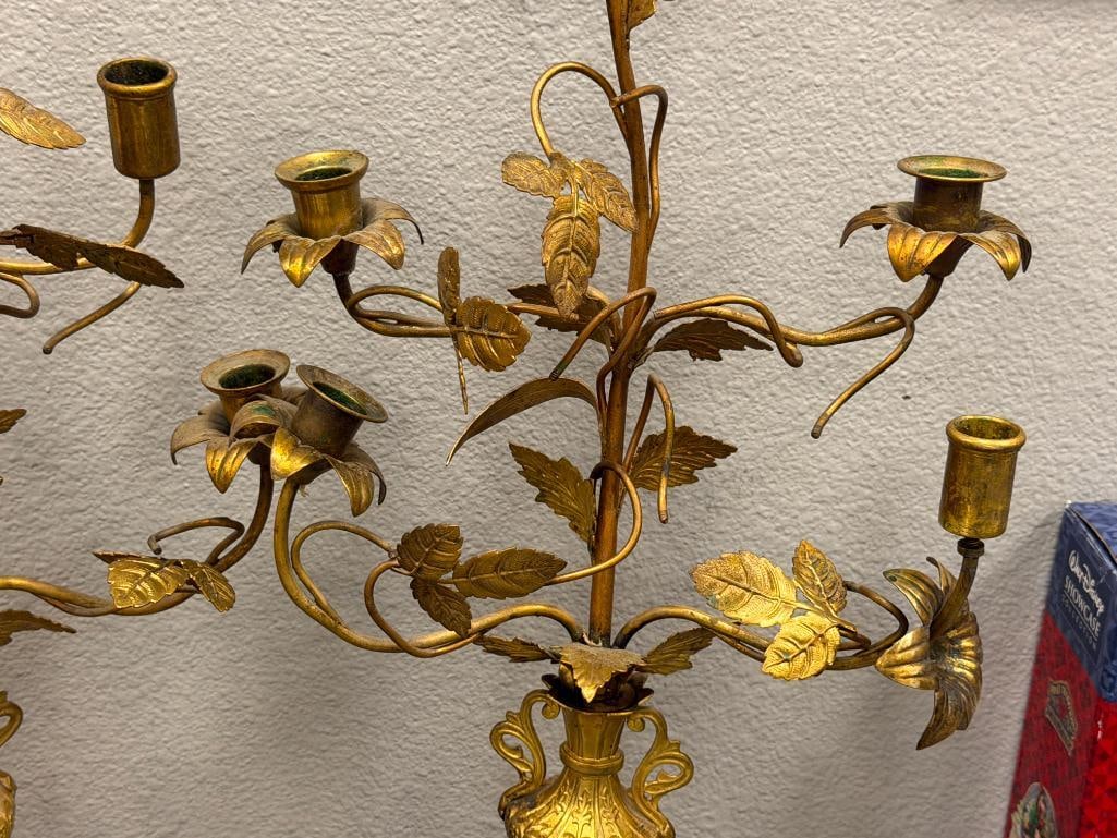 PAIR OF ITALIAN GILT METAL TOLE CANDELABRAS WITH ORNATE LEAF AND FLORAL CANDLE CUPS - 3