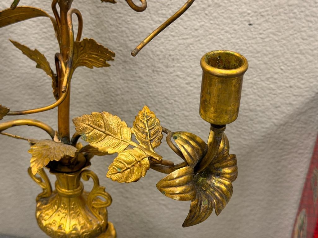PAIR OF ITALIAN GILT METAL TOLE CANDELABRAS WITH ORNATE LEAF AND FLORAL CANDLE CUPS - 4