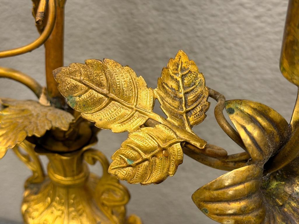 PAIR OF ITALIAN GILT METAL TOLE CANDELABRAS WITH ORNATE LEAF AND FLORAL CANDLE CUPS - 5