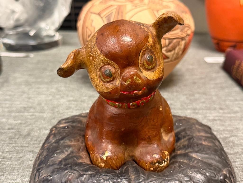 VINTAGE REPRODUCUTION FIDO CAST IRON PUPPY DOG COIN BANK MARKED ON THE BOTTOM IRON ART JM 141 - 2