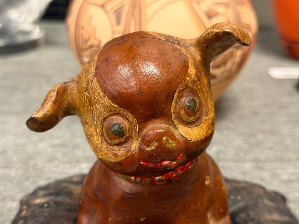 VINTAGE REPRODUCUTION FIDO CAST IRON PUPPY DOG COIN BANK MARKED ON THE BOTTOM IRON ART JM 141 - 3