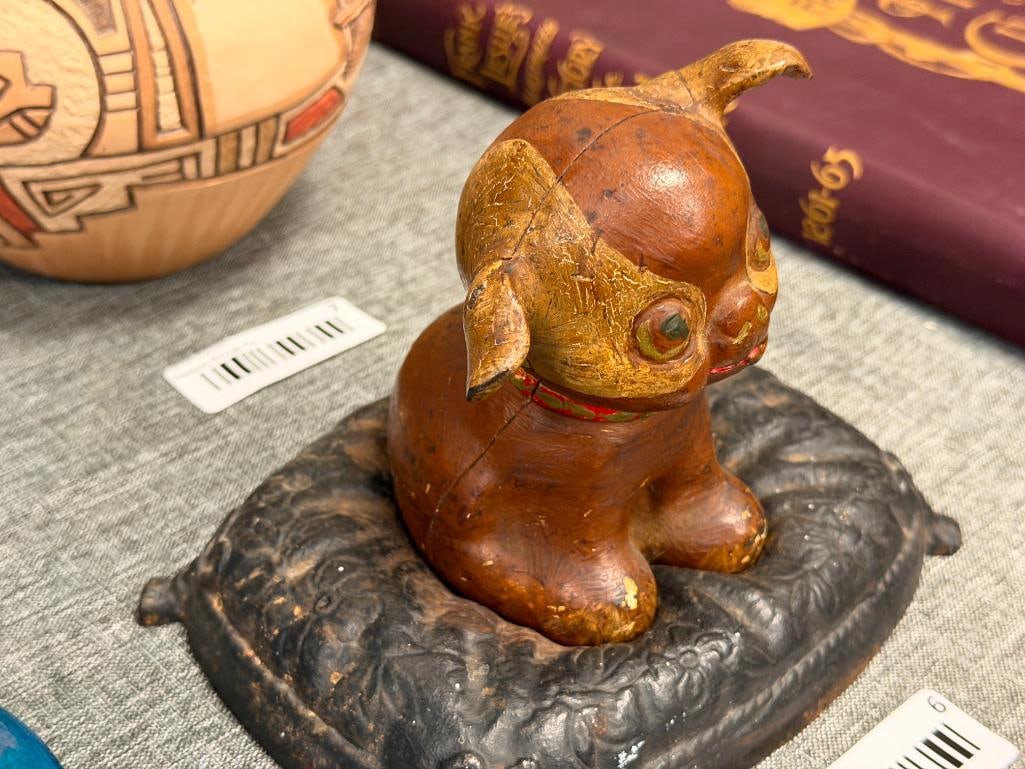 VINTAGE REPRODUCUTION FIDO CAST IRON PUPPY DOG COIN BANK MARKED ON THE BOTTOM IRON ART JM 141 - 4