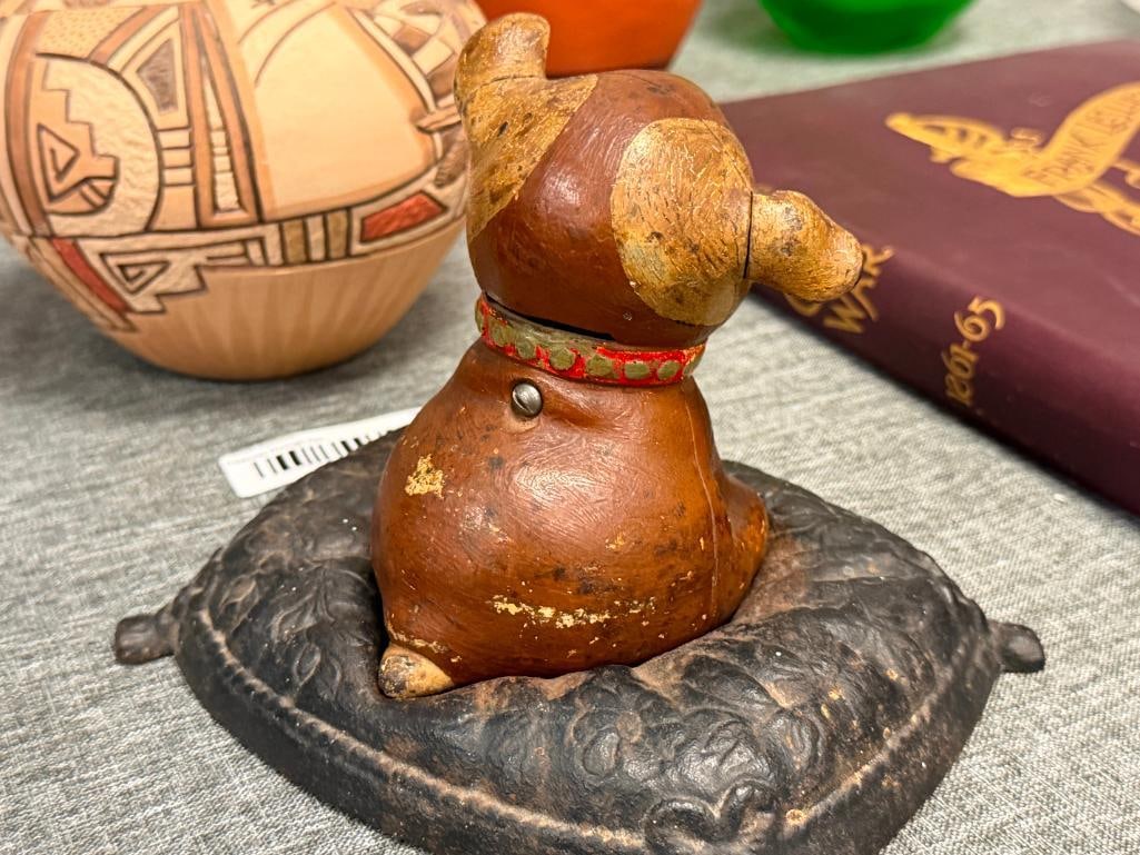 VINTAGE REPRODUCUTION FIDO CAST IRON PUPPY DOG COIN BANK MARKED ON THE BOTTOM IRON ART JM 141 - 5