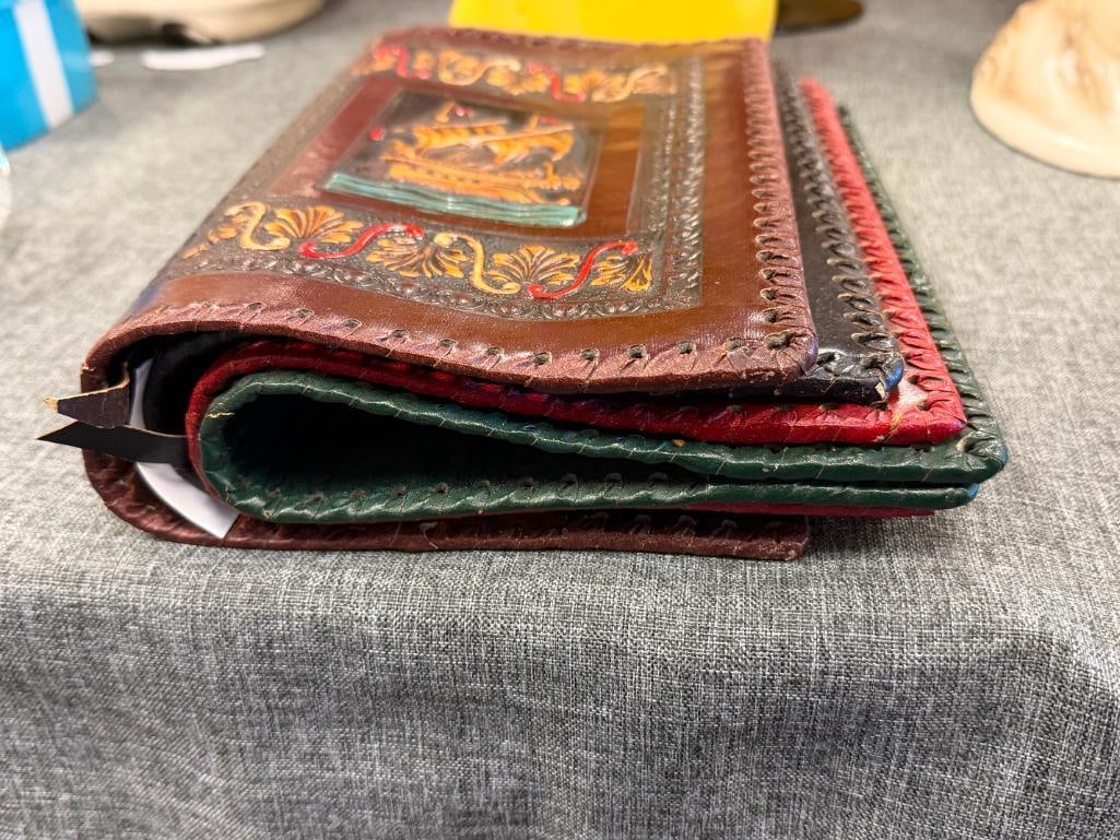 FOUR HAND CRAFTED LEATHER BOOK COVERS / DUST JACKETS WITH DIFFERENT DESIGNS - 11