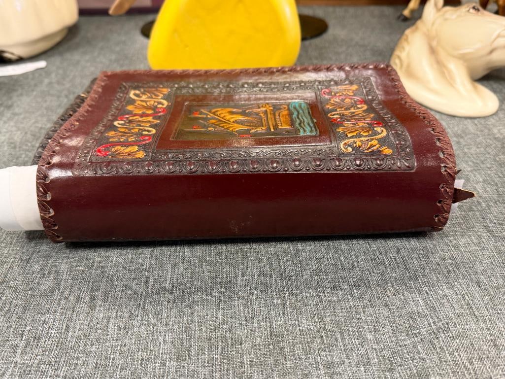 FOUR HAND CRAFTED LEATHER BOOK COVERS / DUST JACKETS WITH DIFFERENT DESIGNS - 3