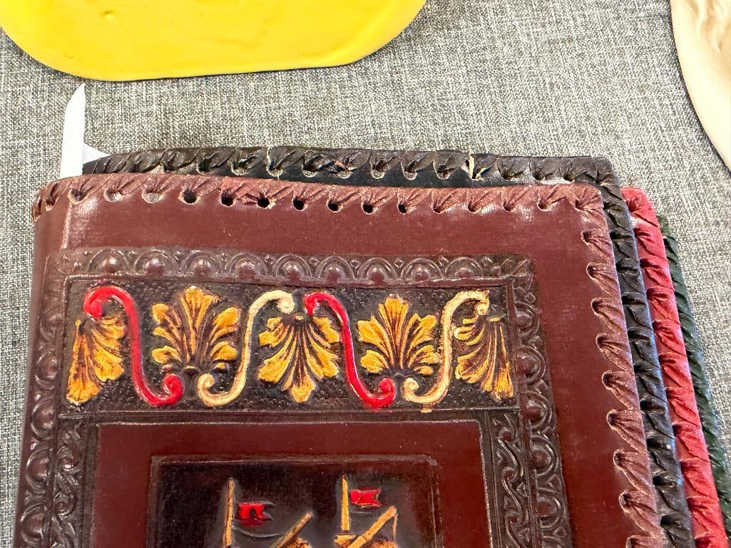 FOUR HAND CRAFTED LEATHER BOOK COVERS / DUST JACKETS WITH DIFFERENT DESIGNS - 5