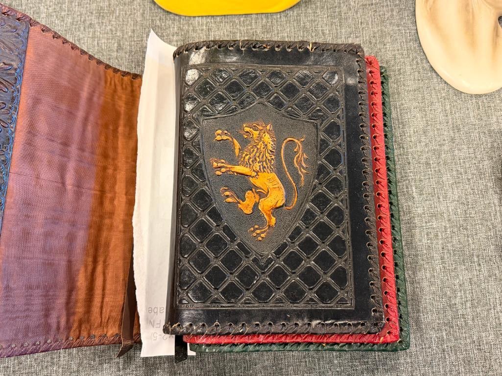 FOUR HAND CRAFTED LEATHER BOOK COVERS / DUST JACKETS WITH DIFFERENT DESIGNS - 7