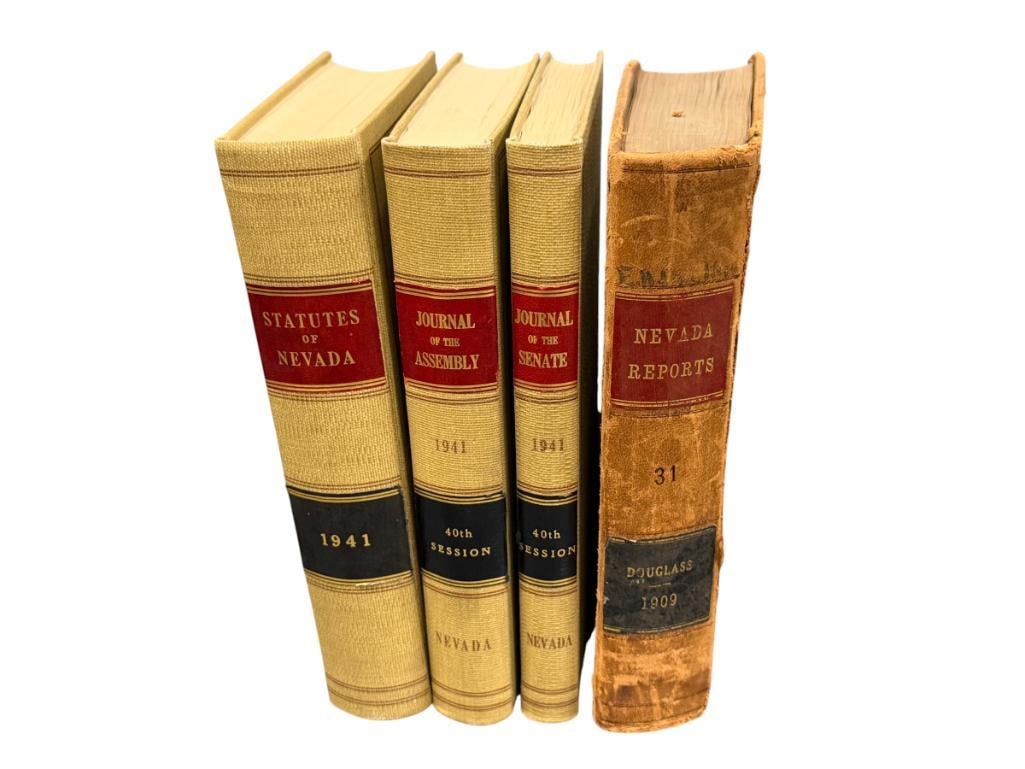 NEVADA 40TH SESSION LEGISLATURE OF THE STATE OF NEVADA 1941, 1910 REPORTS OF CASES STATE OF NEVADA: THREE BOOKS FROM 1941 40TH SESSION LEGISLATURE OF THE STATE OF NEVADA JOURNAL OF THE SENATE, JOURNAL OF THE ASSEMBLY, AND STATUTES OF NEVADA, TAN COVERS WITH GILT LETTERING ON THE SPINE, EACH BOOK IS 