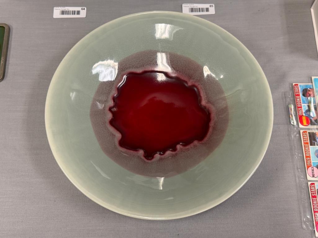 VINTAGE REDWING POTTERY FLAMBE OXBLOOD AND CELADON DRIP GLAZE SHALLOW BOWL NO. 3807 - 2