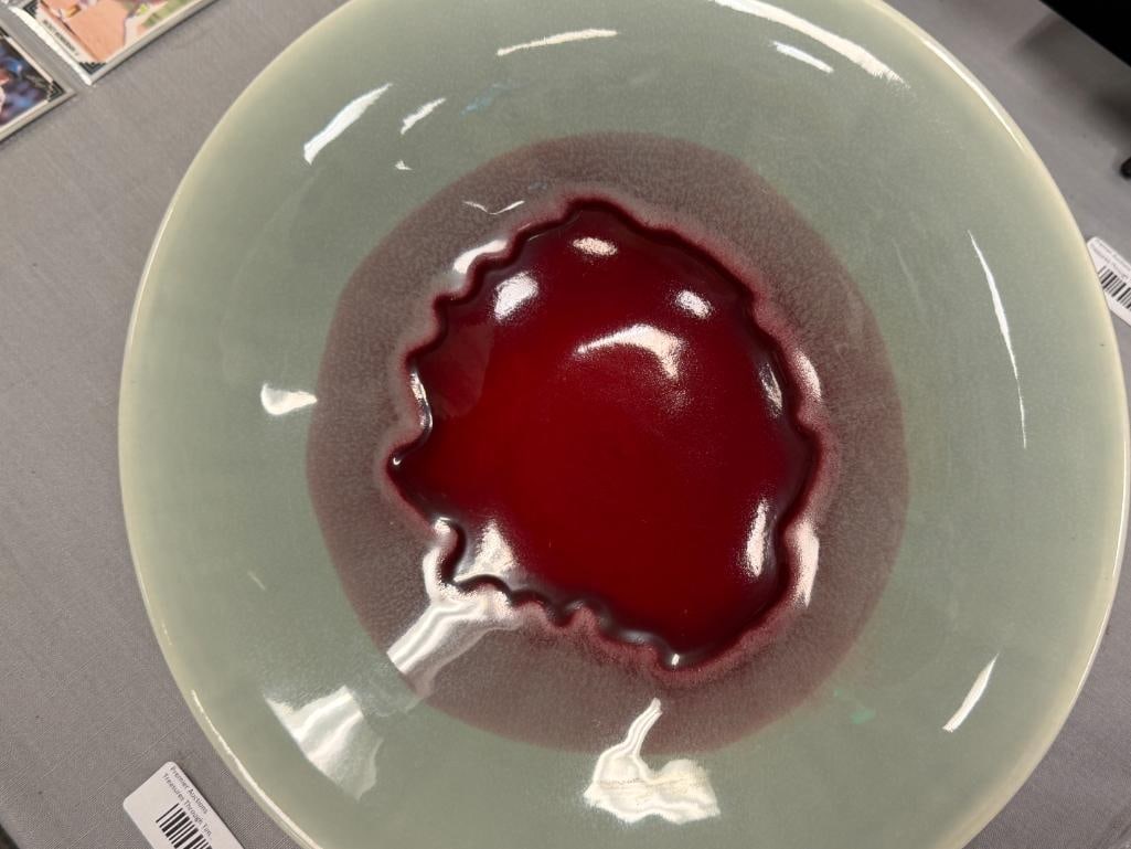 VINTAGE REDWING POTTERY FLAMBE OXBLOOD AND CELADON DRIP GLAZE SHALLOW BOWL NO. 3807 - 3