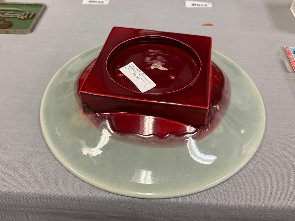 VINTAGE REDWING POTTERY FLAMBE OXBLOOD AND CELADON DRIP GLAZE SHALLOW BOWL NO. 3807 - 5