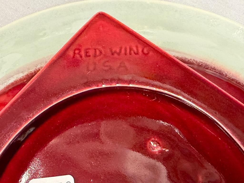 VINTAGE REDWING POTTERY FLAMBE OXBLOOD AND CELADON DRIP GLAZE SHALLOW BOWL NO. 3807 - 6
