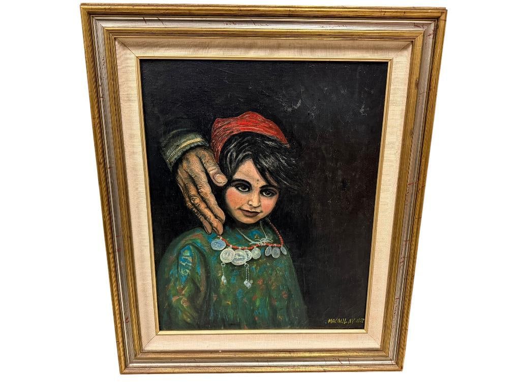 " JAT GIRL " VINTAGE INDIAN OIL PAINTING ON CANVAS SIGNED MACAULAY AND DATED 1972: PORTRAIT OF A CHILD, FEATURING YOUNG INDIAN GIRL WITH MAN'S HAND NEXT TO HER FACE, SIGNED AND DATED IN LOWER RIGHT, FRAMED, LABELED ON BACK OF FRAME "JAT GIRL" 22" X 26" FRAME