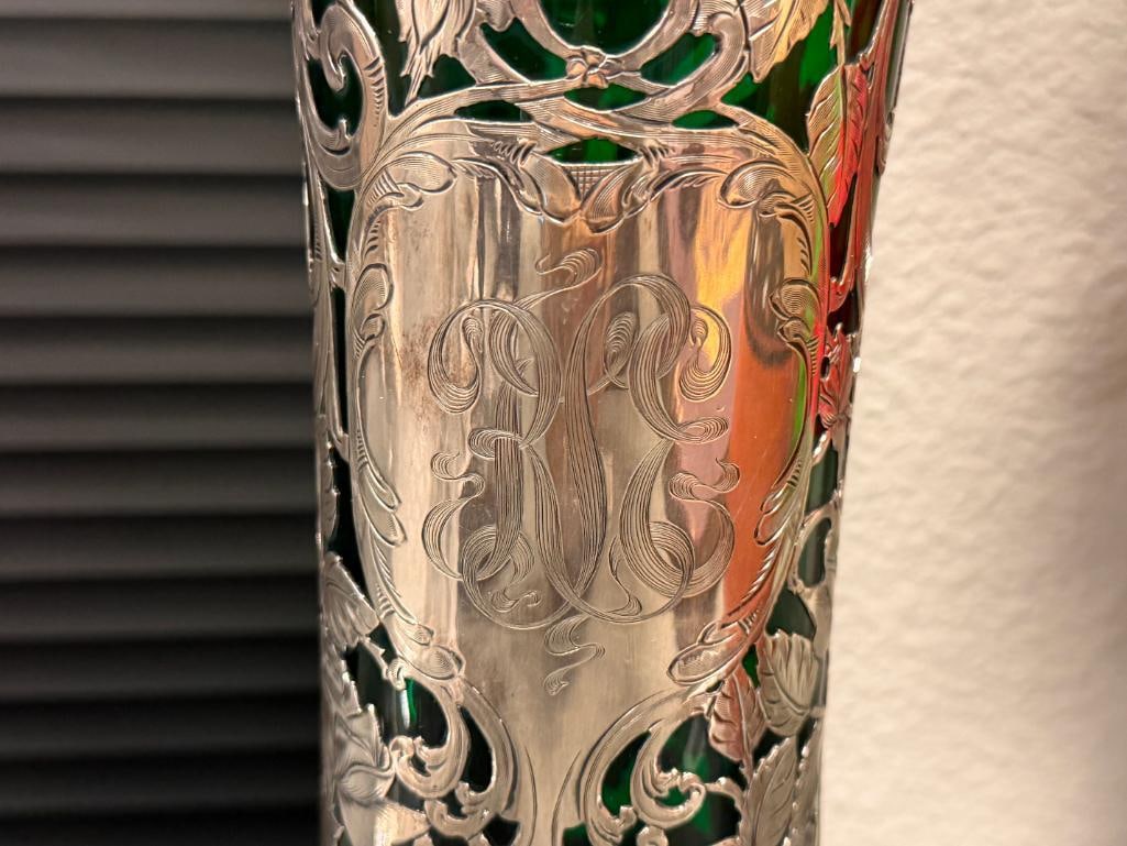 ALVIN TALL ART NOUVEAU HANDBLOWN ART GLASS VASE WITH INTRICATE STERLING SILVER OVERLAY - 3