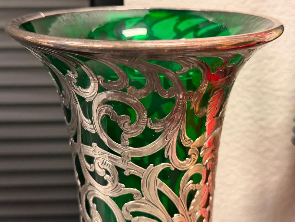 ALVIN TALL ART NOUVEAU HANDBLOWN ART GLASS VASE WITH INTRICATE STERLING SILVER OVERLAY - 6