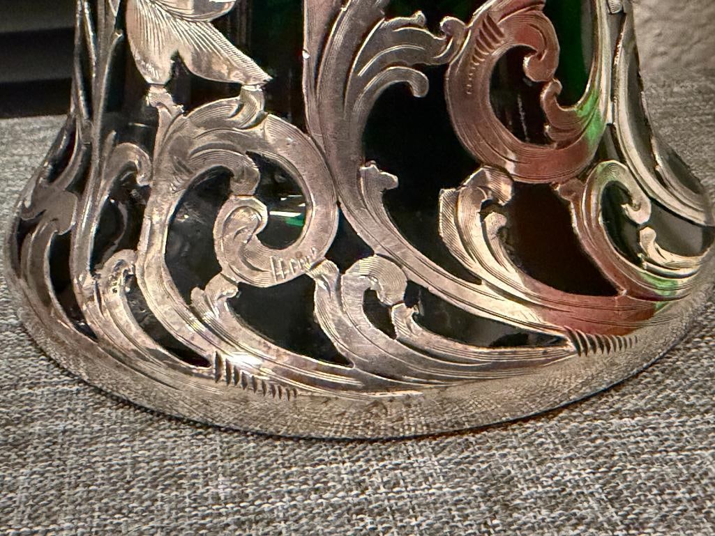 ALVIN TALL ART NOUVEAU HANDBLOWN ART GLASS VASE WITH INTRICATE STERLING SILVER OVERLAY - 8