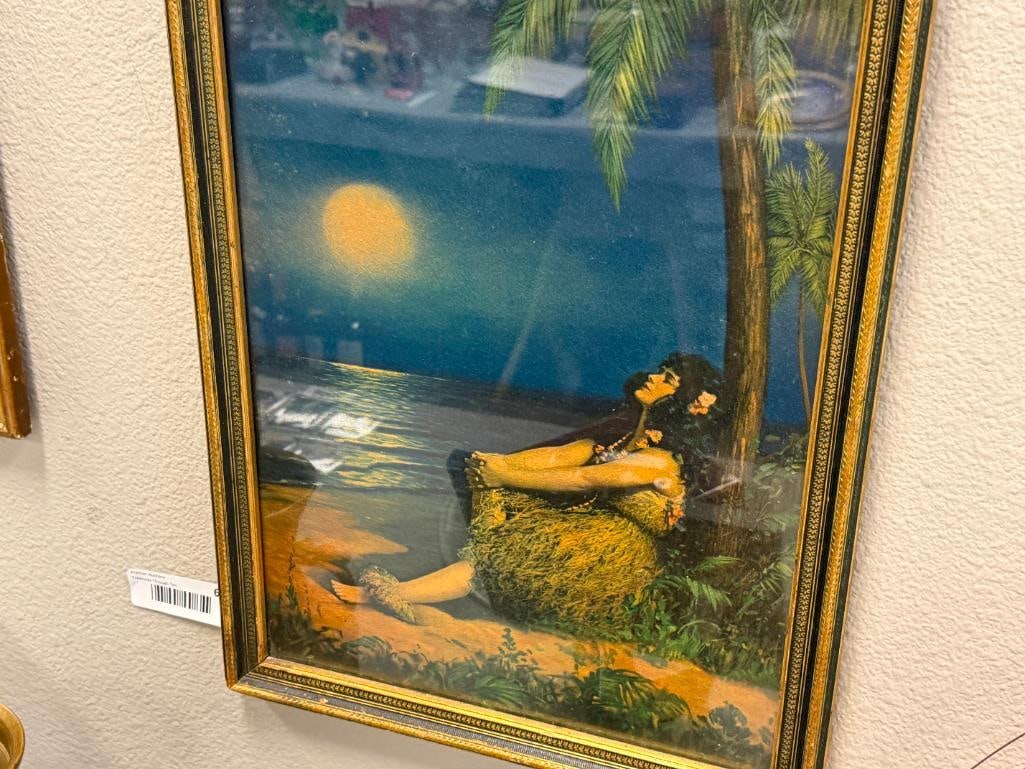VINTAGE PRINT HAWAIIAN HULA GIRL UNDER FULLMOON - 2