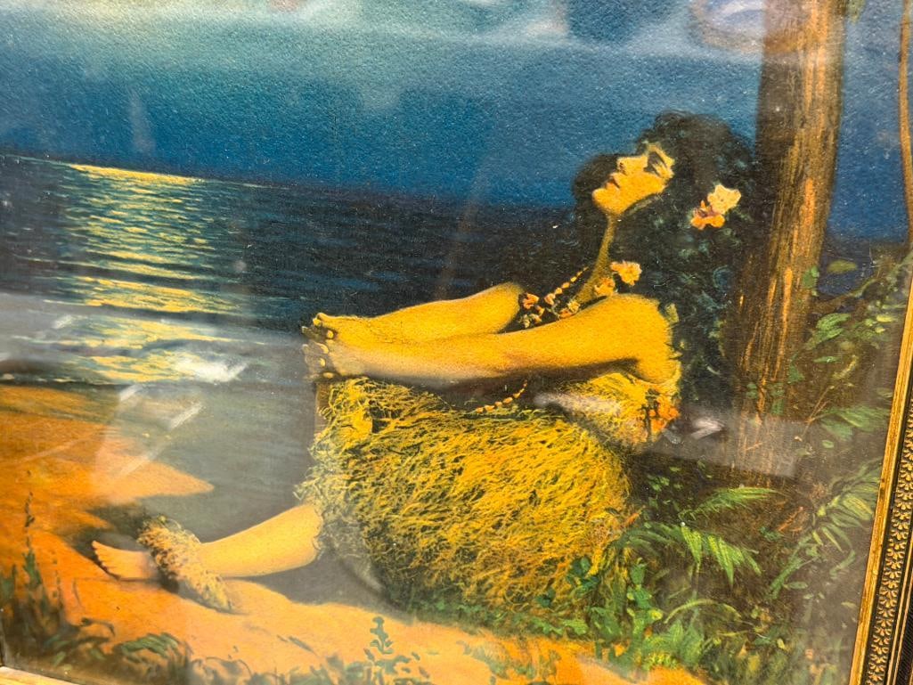 VINTAGE PRINT HAWAIIAN HULA GIRL UNDER FULLMOON - 3