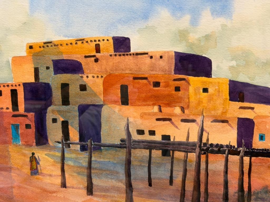NANCY BUSEY NEVADA / TEXAS ARTIST LARGE ORIGINAL WATERCOLOR ON PAPER PAINTING TAOS PUEBLO - 3