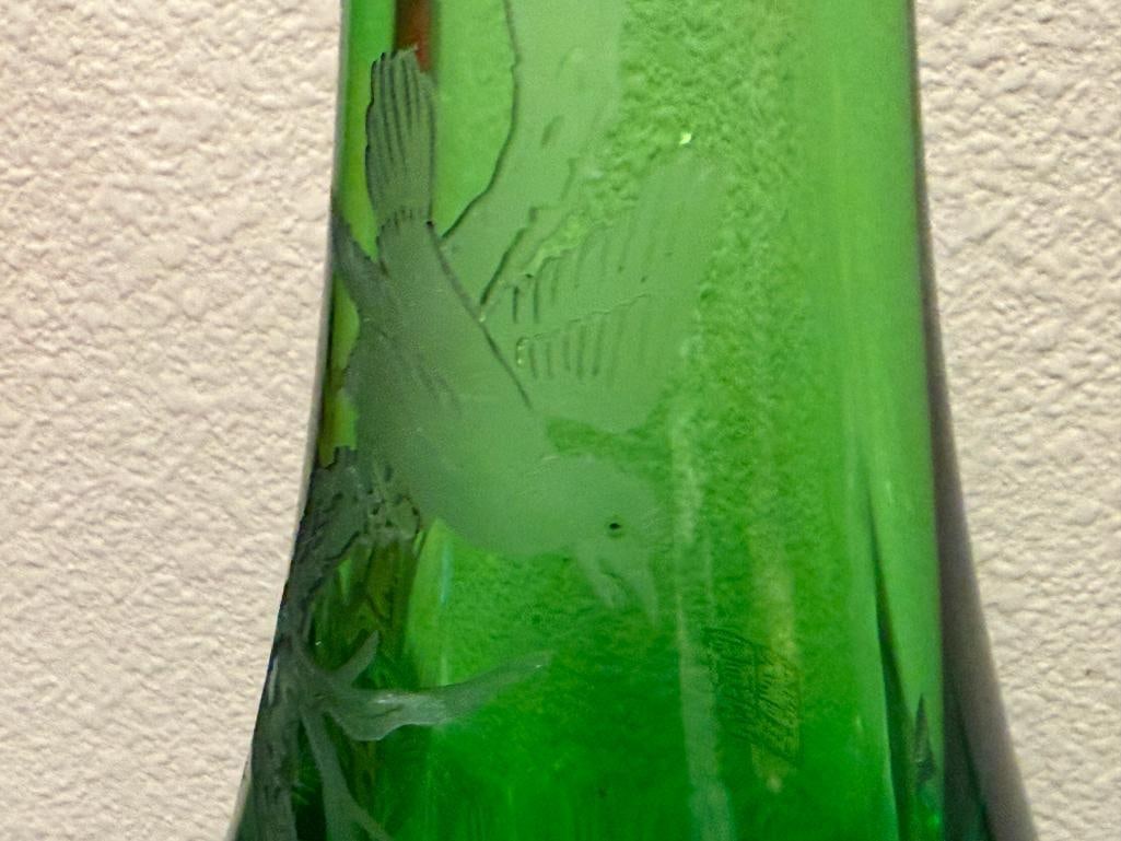 TALL CHINESE ART GLASS PEKING VASE WITH ETCHED FLORAL DESIGN - 4