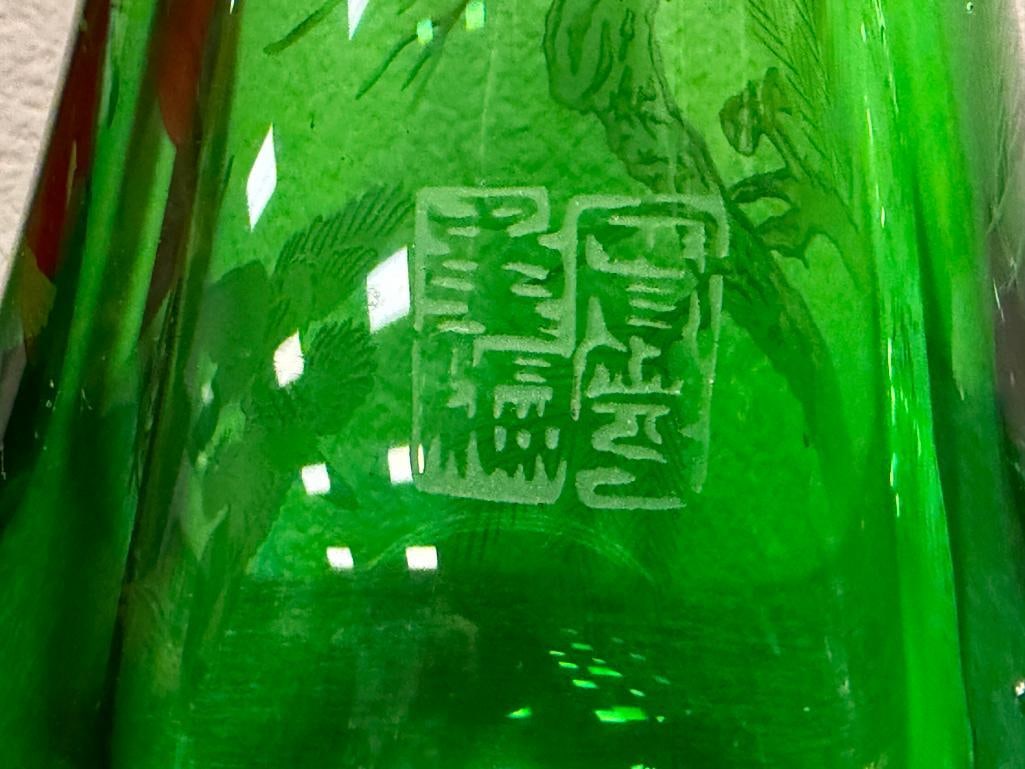TALL CHINESE ART GLASS PEKING VASE WITH ETCHED FLORAL DESIGN - 6