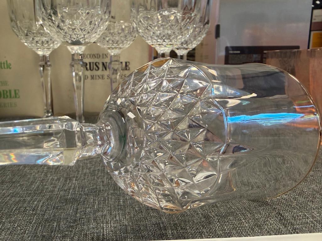 SIX GOLD-RIMMED GLASS WINE GLASSES - 10