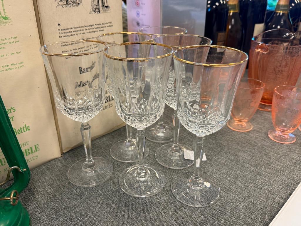 SIX GOLD-RIMMED GLASS WINE GLASSES - 3
