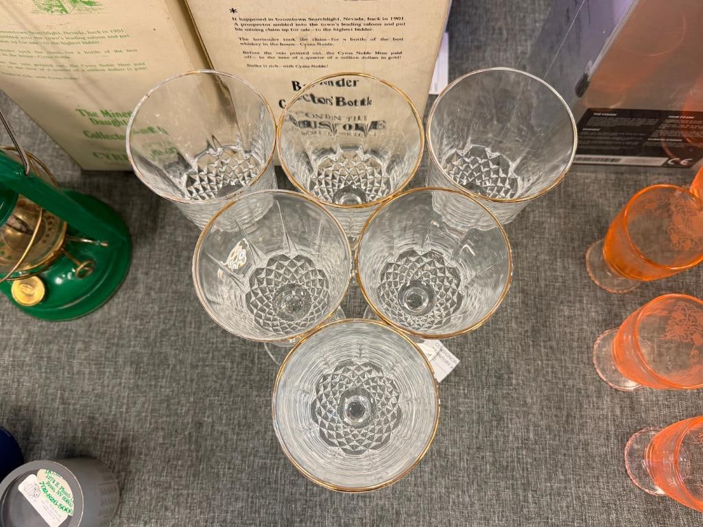 SIX GOLD-RIMMED GLASS WINE GLASSES - 4