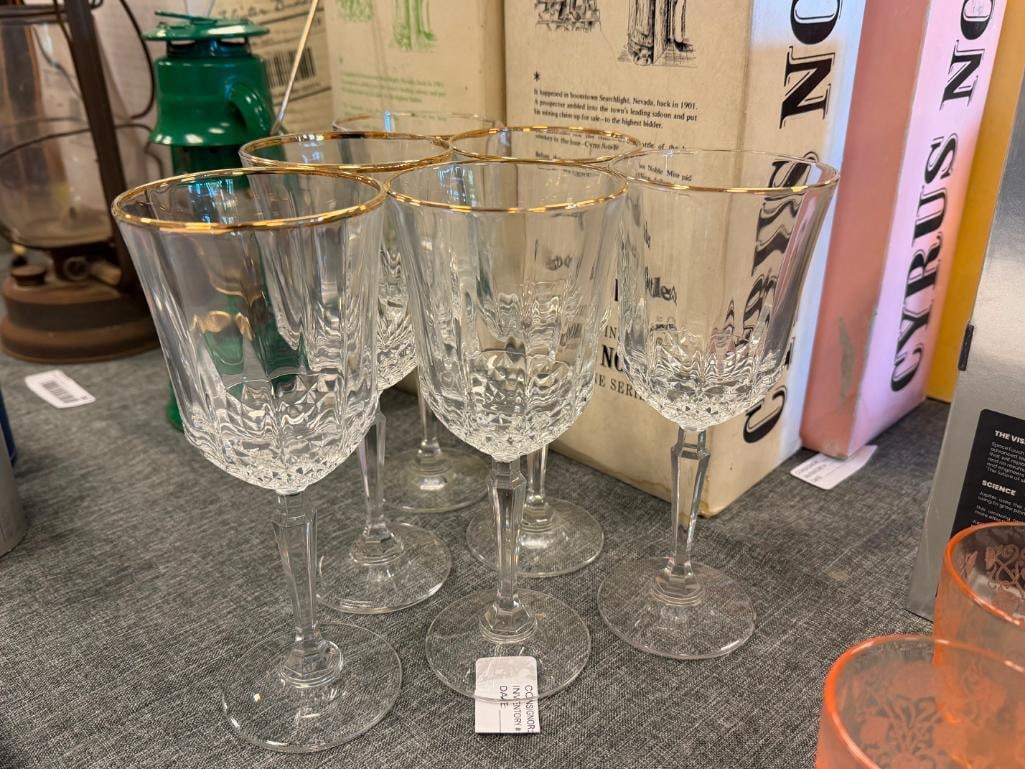 SIX GOLD-RIMMED GLASS WINE GLASSES - 5