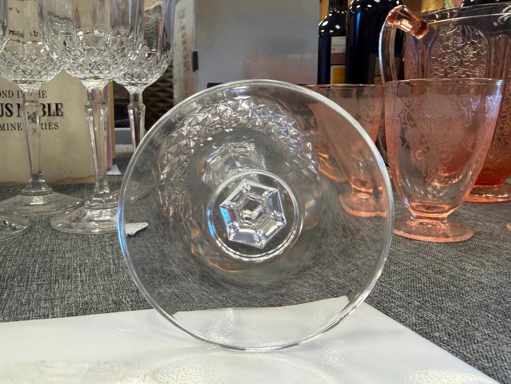 SIX GOLD-RIMMED GLASS WINE GLASSES - 8