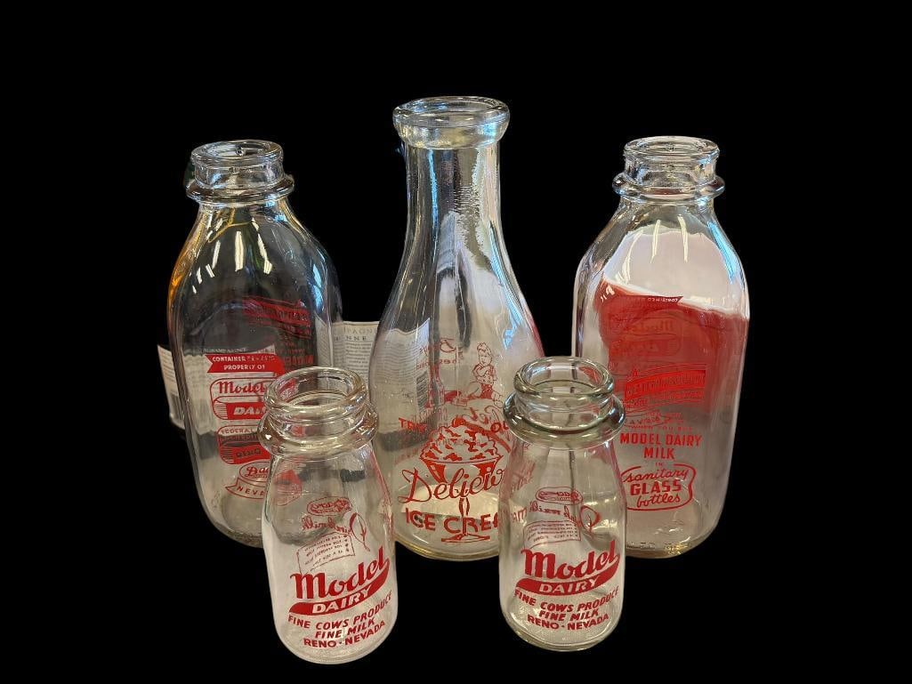 MODEL DAIRY AND VELVET CREAMERY VINTAGE GLASS MILK BOTTLES ALL FROM RENO, NV WITH RED LETTERING (1 of 11)