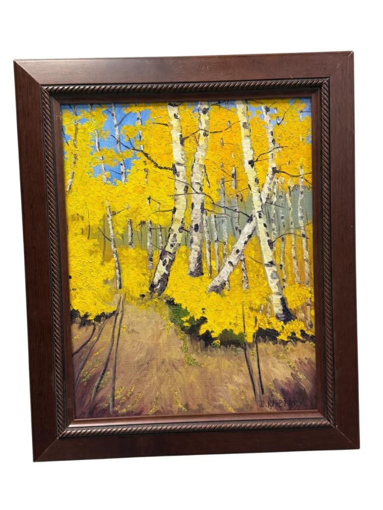 JOHN D. RASBERRY CALIFORNIA / TEXAS ARTIST ORIGINAL OIL ON CANVAS FOREST LANDSCAPE BIRCH TREES: JESSE D RASBERRY WAS BORN IN OKLAHOMA BUT SETTLED IN NORTHERN CALIFORNIA, KNOWN FOR HIS CALIFORNIA AND TEXAS LANDSCAPES, ART DEPICTS THICK BIRCH TREE LINE WITH VIBRANT YELLOW FALL LEAVES, SIGNED 