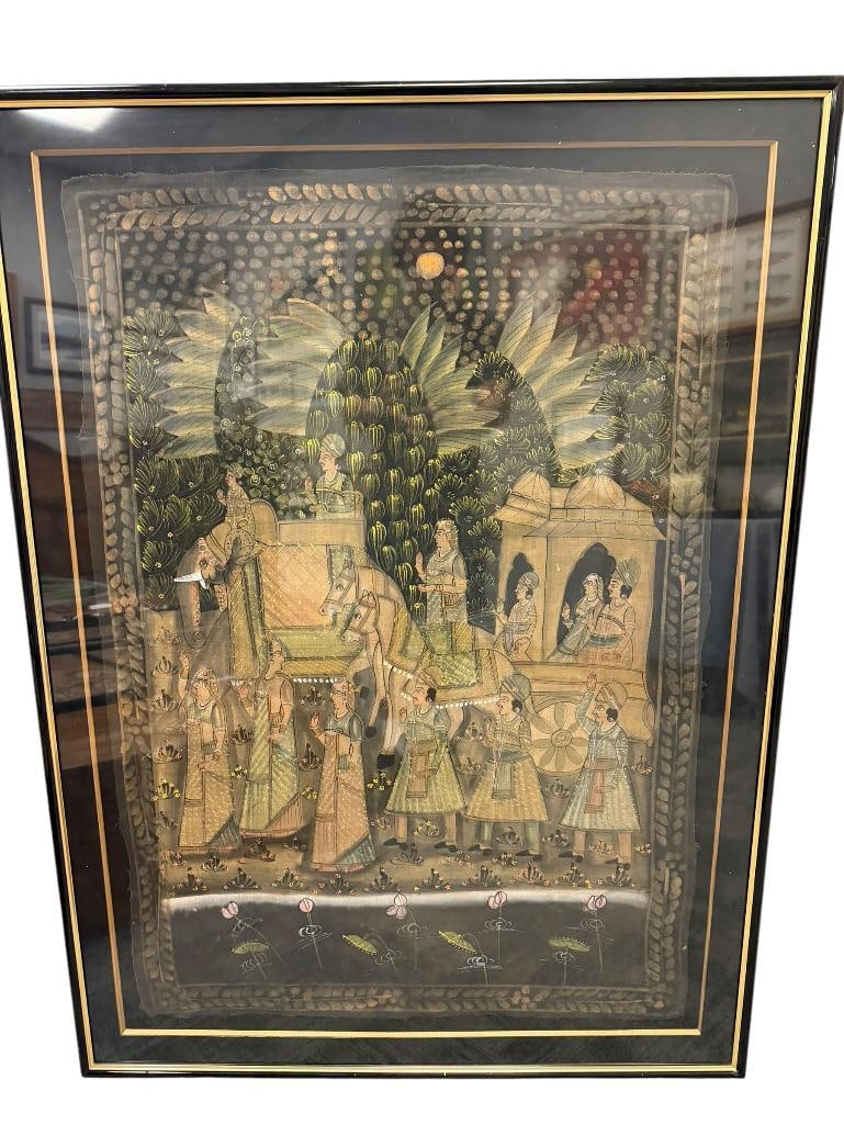 TRADITIONAL INDIAN OR MUGHAL STYLE ROYAL PROCESSION PAINTING ON SILK: ART DEPICTS ROYAL OR COURT PROCESSION WITH DECORATED ELEPHANT, HORSES AND FIGURES, FRAMED 38" X 51" FRAME