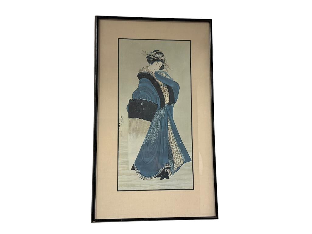 " BEAUTY IN THE SNOW " KATSUSHIKA HOKUSAI JAPANESE PRINT: ATTRIBUTED TO KATSUSHIKA HOKUSAI (1760-1849), FRAMED WITH GLASS 14" X 23"