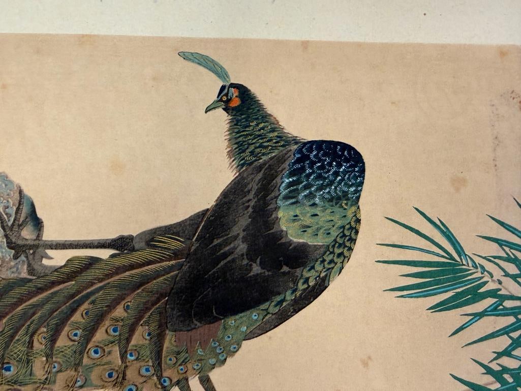 EARLY 20TH CENTURY BLACK INK CALLIGRAPHY AND WOODBLOCKS ONE OF MT FUJI AND OF A PEACOCK - 12