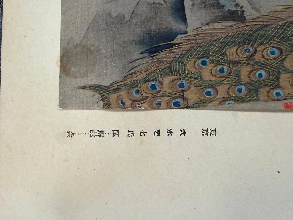 EARLY 20TH CENTURY BLACK INK CALLIGRAPHY AND WOODBLOCKS ONE OF MT FUJI AND OF A PEACOCK - 15