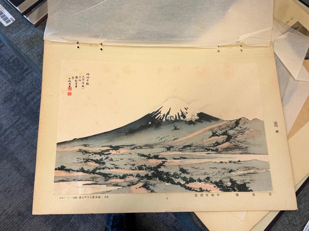 EARLY 20TH CENTURY BLACK INK CALLIGRAPHY AND WOODBLOCKS ONE OF MT FUJI AND OF A PEACOCK - 5