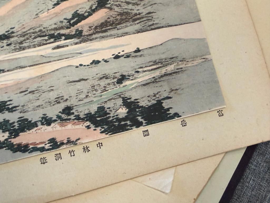 EARLY 20TH CENTURY BLACK INK CALLIGRAPHY AND WOODBLOCKS ONE OF MT FUJI AND OF A PEACOCK - 8
