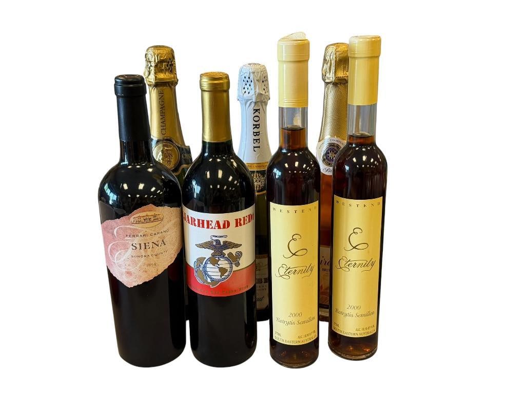 SEVEN SEALED BOTTLES OF WINE AND CHAMPAGNE: 2000 ETERNITY BOTYRIS SEMILLON, MIRABELLE BRUT ROSE, WARHEAD RED, 1998 FERRARI-CARANO, KIRKLAND AND KORBEL CHAMPAGNE, EACH BOTTLES IS SEALED, WERE STORED PROPERLY, MUST BE 21+ TO BID AND PURCHASE