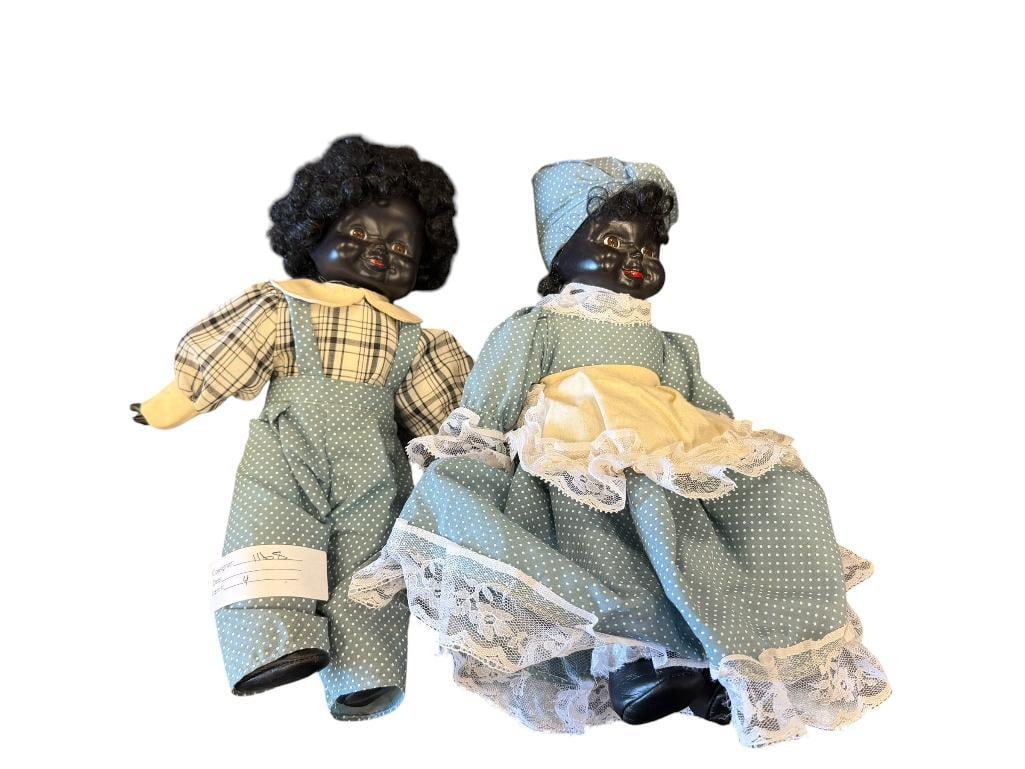 C.W. OVERSEAS CORP VINTAGE COMPOSITE DOLLS WITH MATCHING OUTFITS: LABEL INSIDE DRESS 11" H