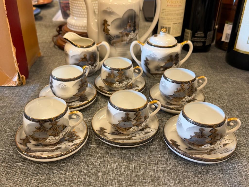 HAYASI KUTANI HAPANESE EGGSHELL CHINA TEA SET WITH LITHOPANE HAND PAINTED LANDSCAPE MOTIF - 10