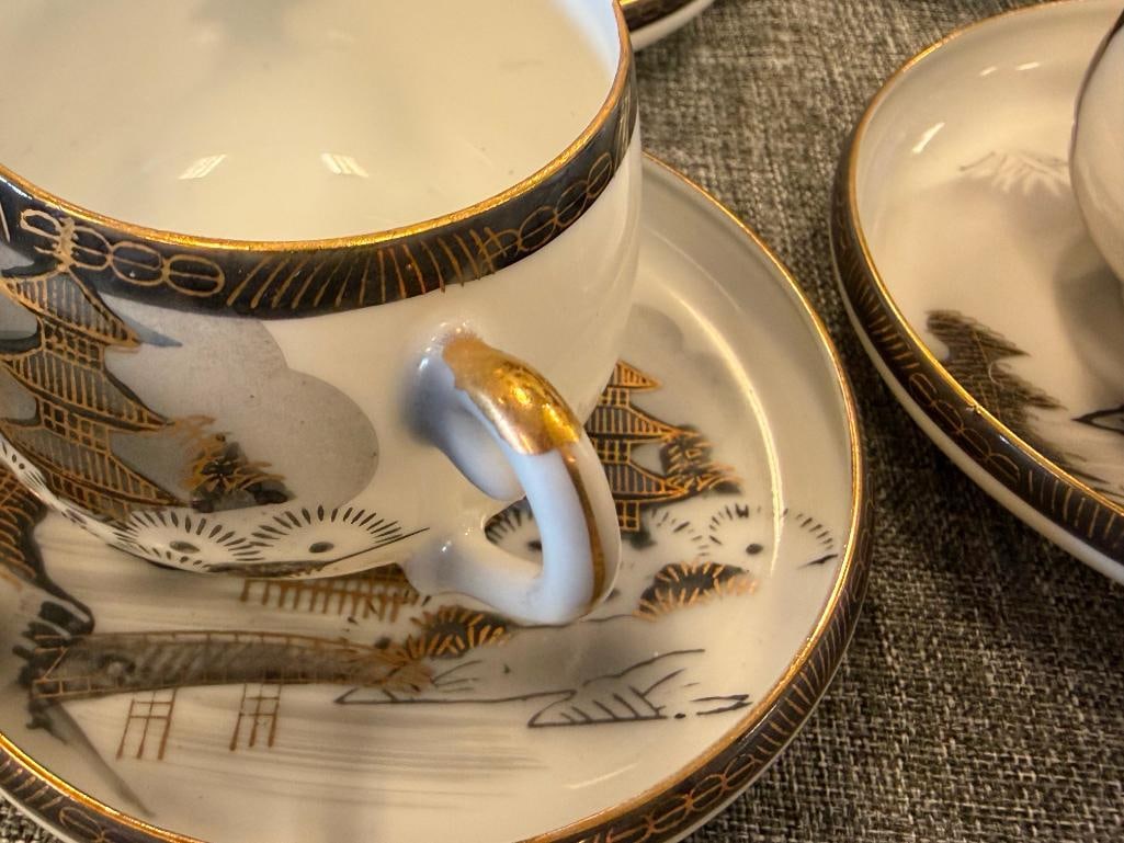 HAYASI KUTANI HAPANESE EGGSHELL CHINA TEA SET WITH LITHOPANE HAND PAINTED LANDSCAPE MOTIF - 11