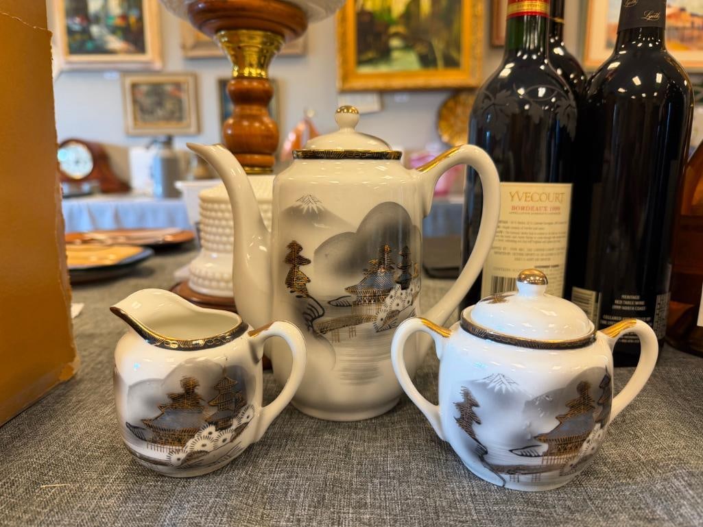 HAYASI KUTANI HAPANESE EGGSHELL CHINA TEA SET WITH LITHOPANE HAND PAINTED LANDSCAPE MOTIF - 12