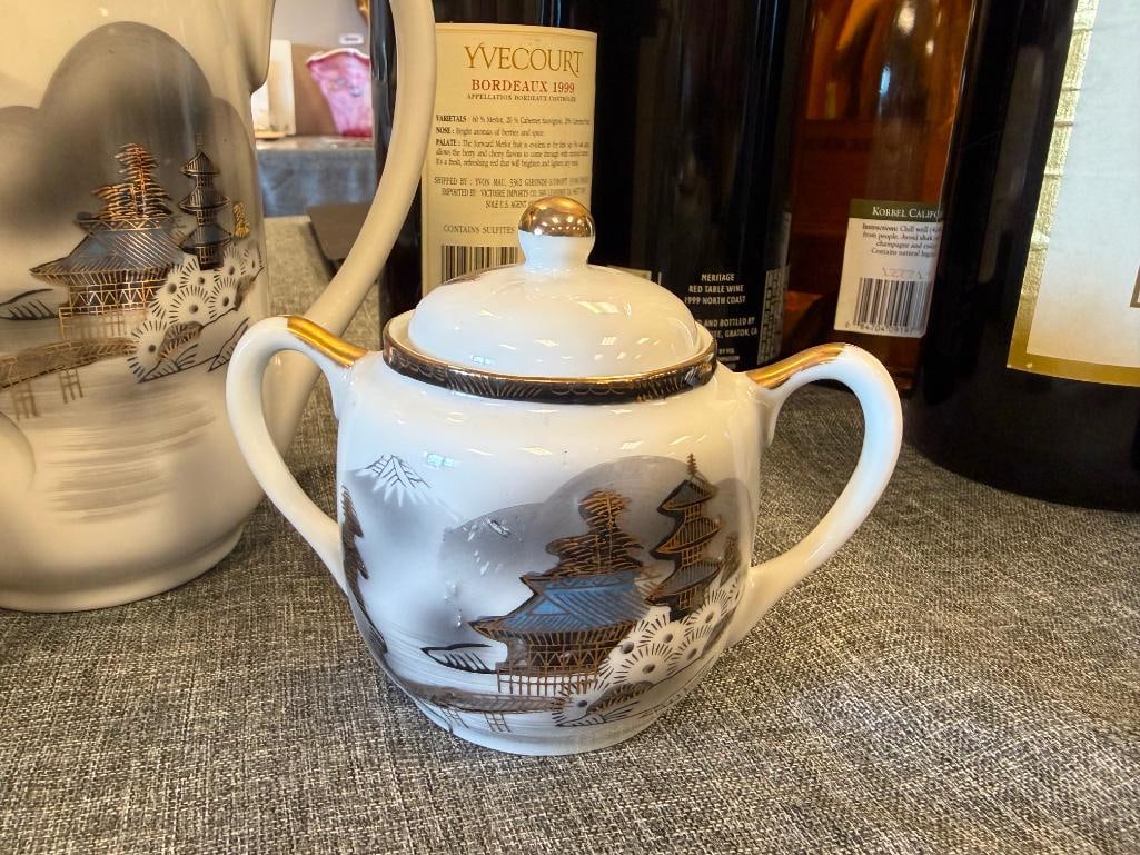 HAYASI KUTANI HAPANESE EGGSHELL CHINA TEA SET WITH LITHOPANE HAND PAINTED LANDSCAPE MOTIF - 13