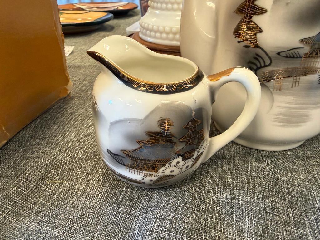 HAYASI KUTANI HAPANESE EGGSHELL CHINA TEA SET WITH LITHOPANE HAND PAINTED LANDSCAPE MOTIF - 17